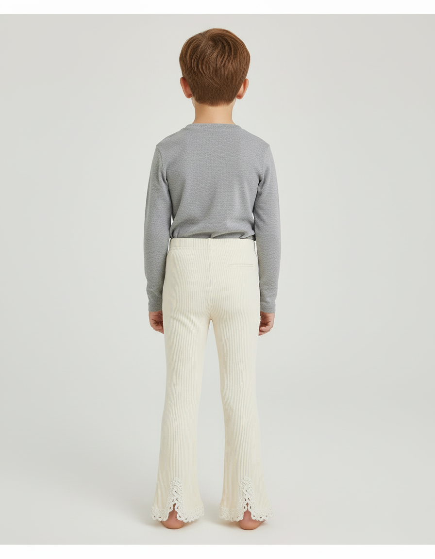 Pantalon Beige Côtelé Tricoté Évasé Dentelle Enfant - Maille - vue 2