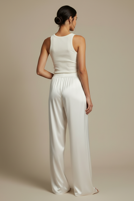 Pantalon Beige Satiné Ample Fluide Élégant Femme - Blanc - vue 2