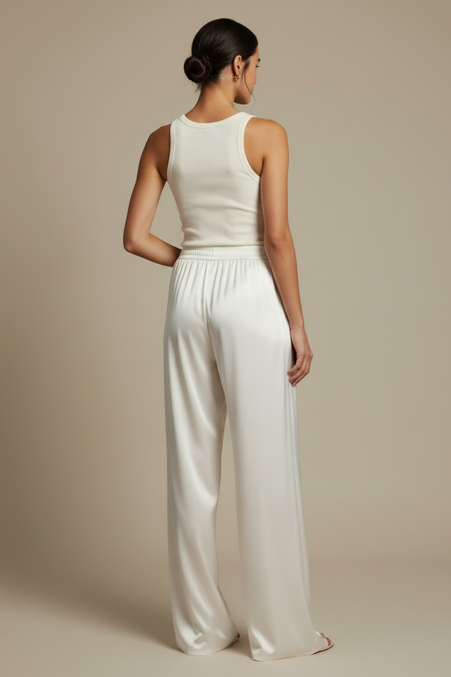 Pantalon Beige Satiné Ample Fluide Élégant Femme - Blanc - vue 2