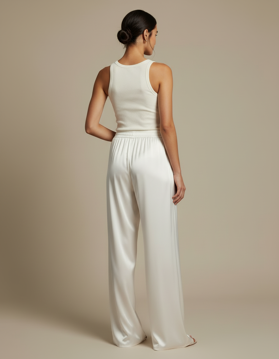 Pantalon Beige Satiné Ample Fluide Élégant Femme - Blanc - vue 2