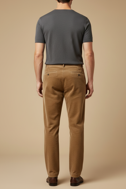 Pantalon Beige Côtelé Plissé Droit Homme Décontracté - Camel Cordé - vue 2