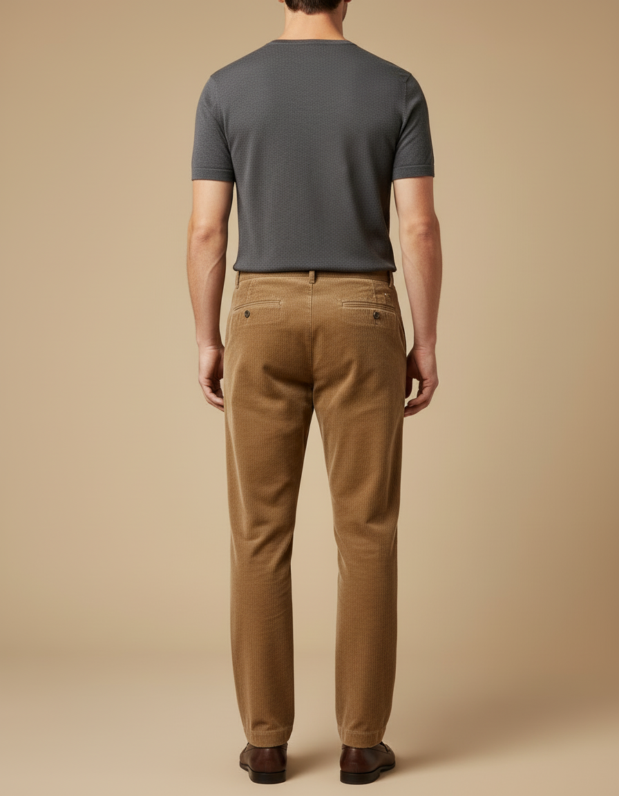 Pantalon Beige Côtelé Plissé Droit Homme Décontracté - Camel Cordé - vue 2