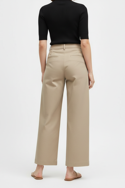 Pantalon Beige Coton Taille Haute Ample Jambe Large - Gabardine - vue 2