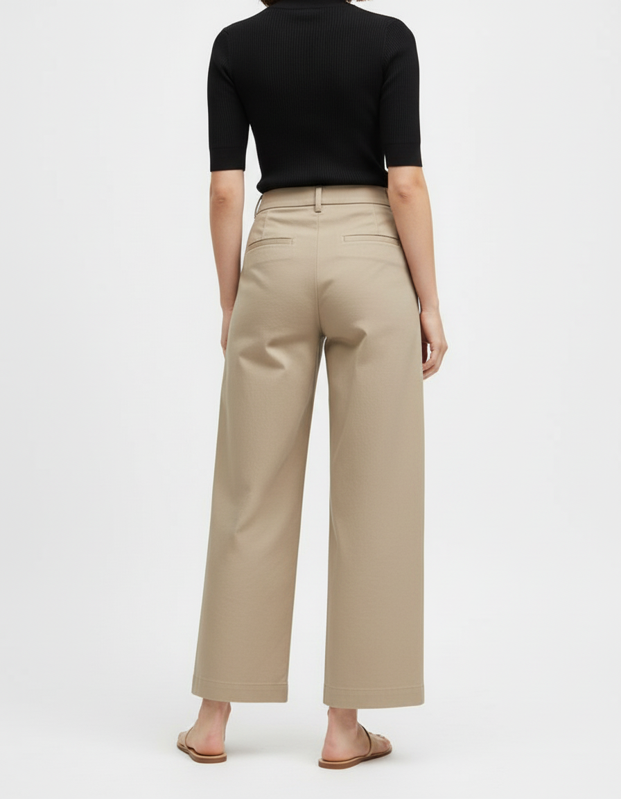 Pantalon Beige Coton Taille Haute Ample Jambe Large - Gabardine - vue 2