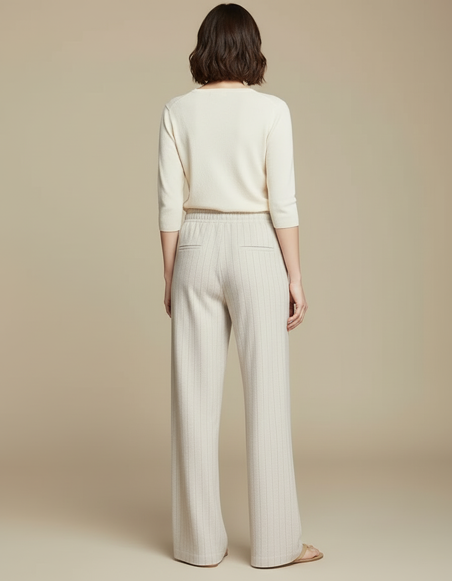 Pantalon Beige Fluide Rayé Cordon Décontracté Femme - Maille - vue 2