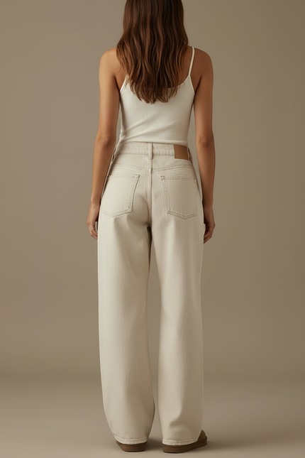 Pantalon Beige Jean Large Taille Haute Décontracté - vue 2