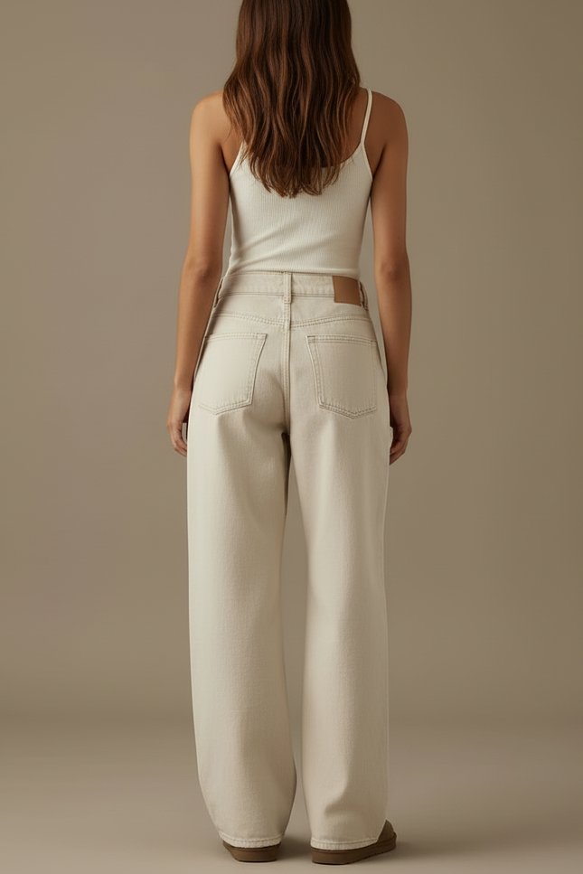 Pantalon Beige Jean Large Taille Haute Décontracté - vue 2