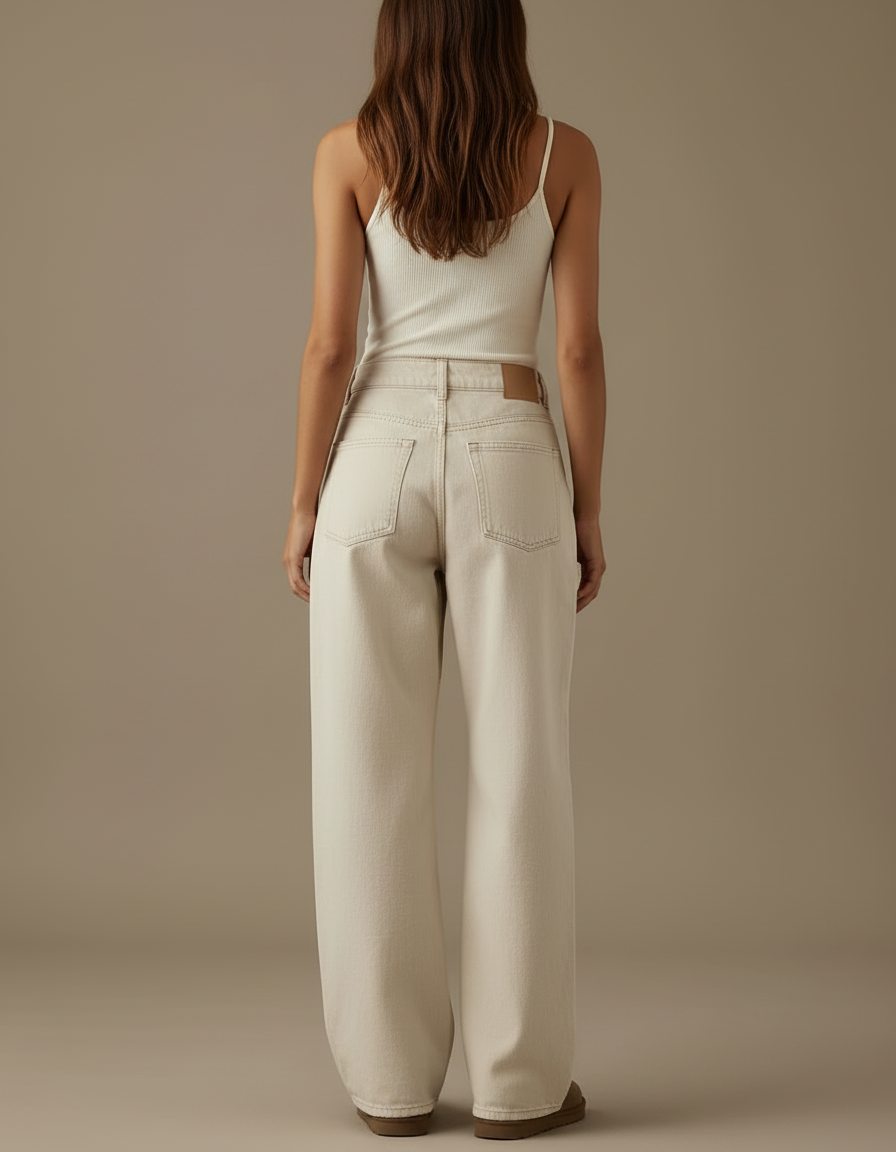 Pantalon Beige Jean Large Taille Haute Décontracté - vue 2