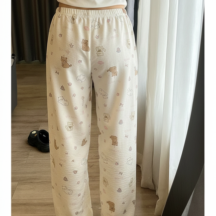 Pantalon Beige Ample Imprimé Dessins Animés Décontracté Coton