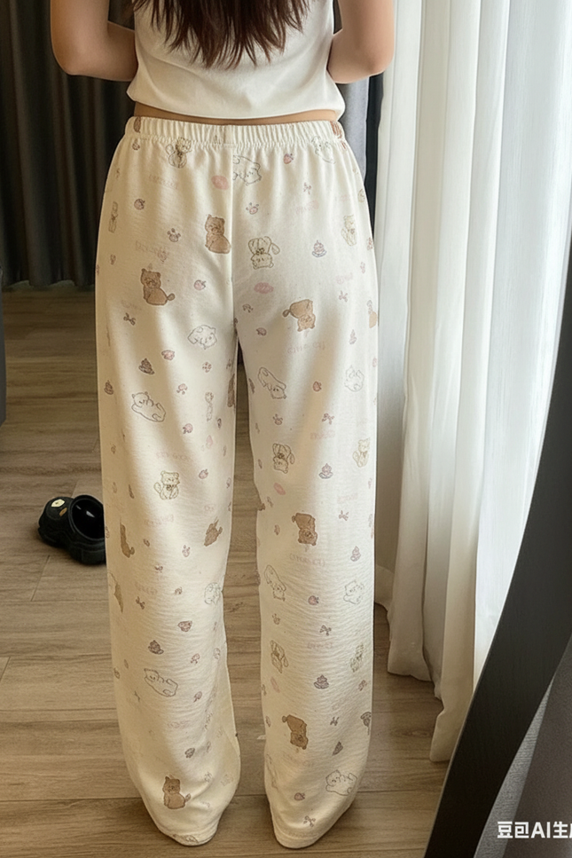 Pantalon Beige Ample Imprimé Dessins Animés Décontracté Coton