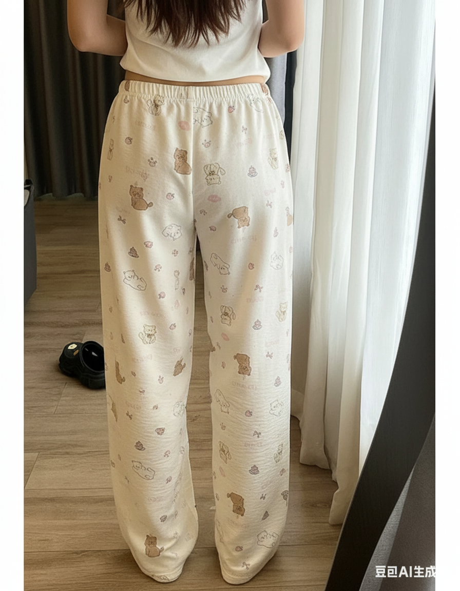 Pantalon Beige Ample Imprimé Dessins Animés Décontracté Coton