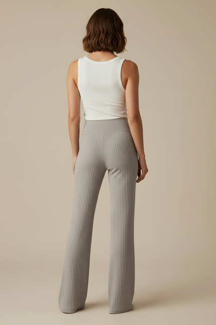 Pantalon Beige Côtelé Évasé Taille Haute Confortable - Gris Maille - vue 2