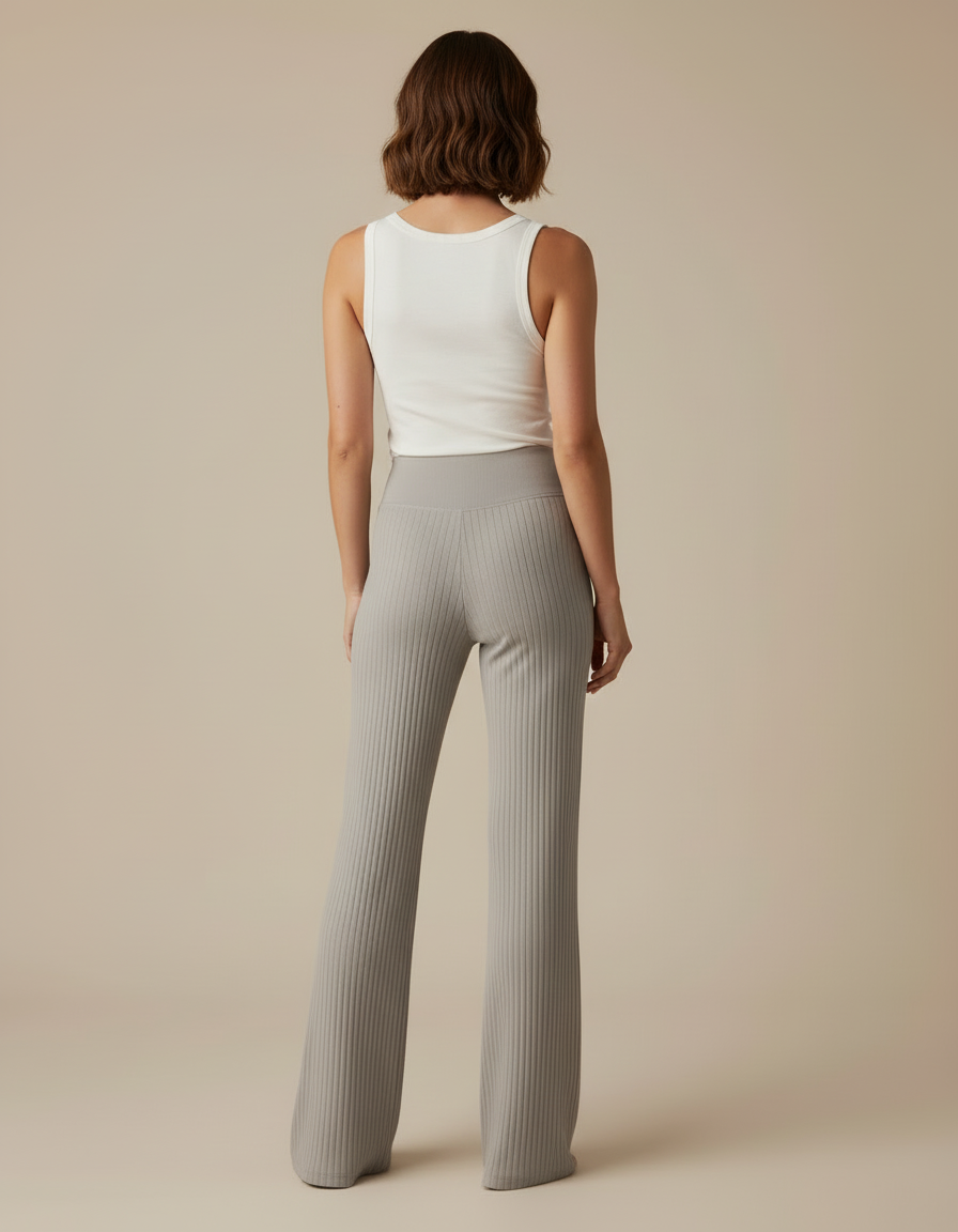 Pantalon Beige Côtelé Évasé Taille Haute Confortable - Gris Maille - vue 2