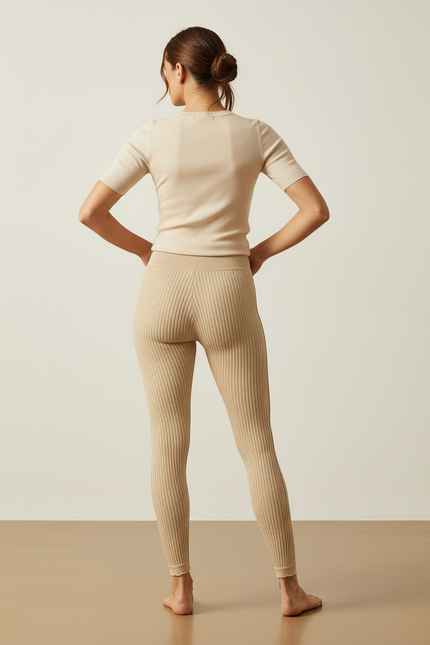 Pantalon Beige Côtelé Tricoté Extensible Taille Haute - Maille - vue 2