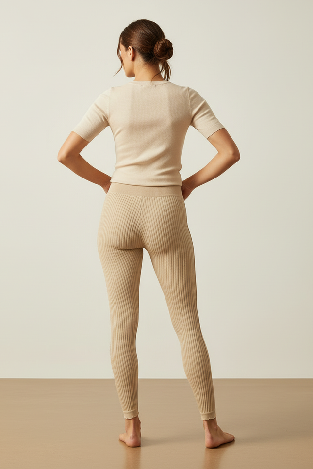 Pantalon Beige Côtelé Tricoté Extensible Taille Haute - Maille - vue 2