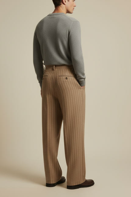 Pantalon Beige Rayé Ample Plissé Élégant Homme - Laine - vue 2