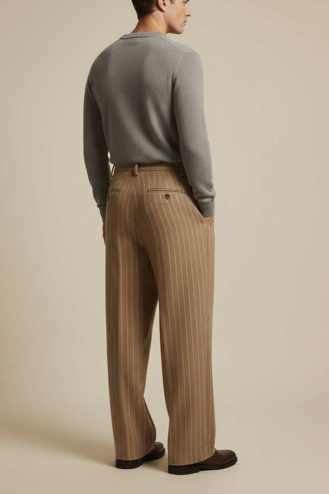 Pantalon Beige Rayé Ample Plissé Élégant Homme - Laine - vue 2