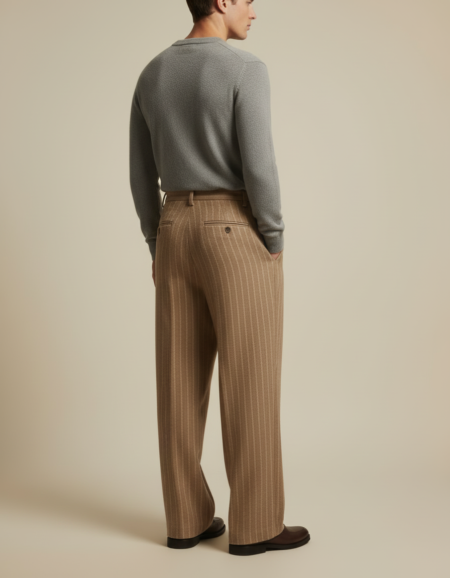 Pantalon Beige Rayé Ample Plissé Élégant Homme - Laine - vue 2
