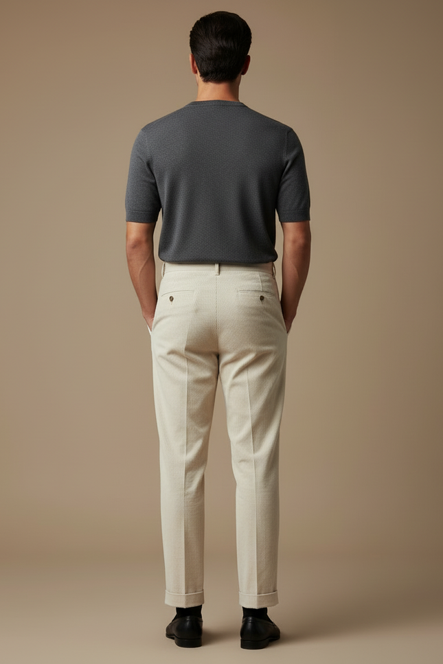 Pantalon Beige Côtelé Plissé Droit Élégant Décontracté - Cordé - vue 2