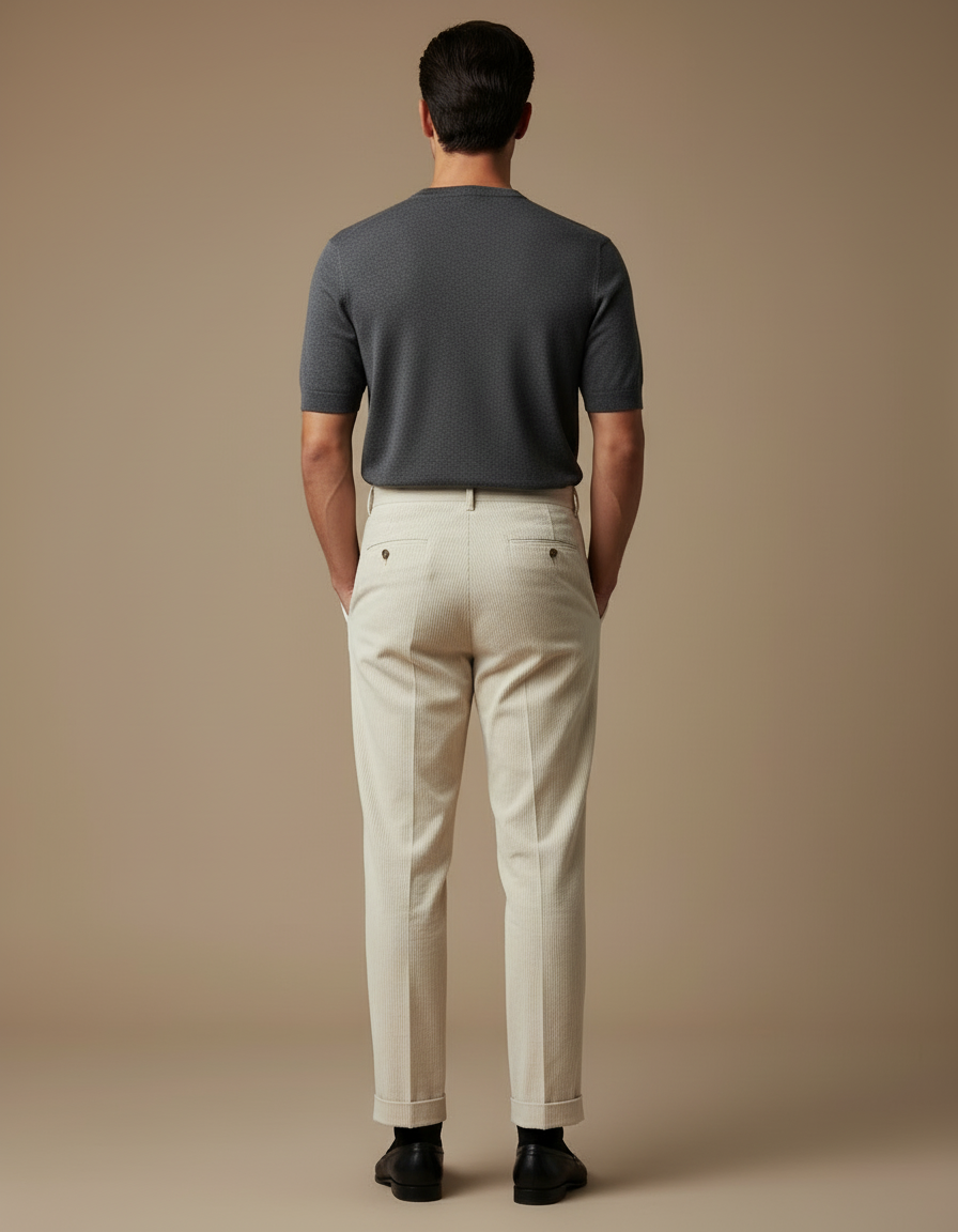Pantalon Beige Côtelé Plissé Droit Élégant Décontracté - Cordé - vue 2