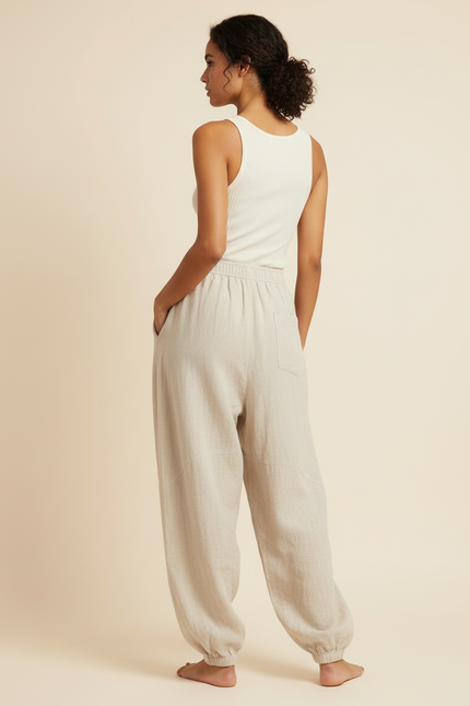 Pantalon Beige Lin Ample Décontracté Yoga Femme - vue 2