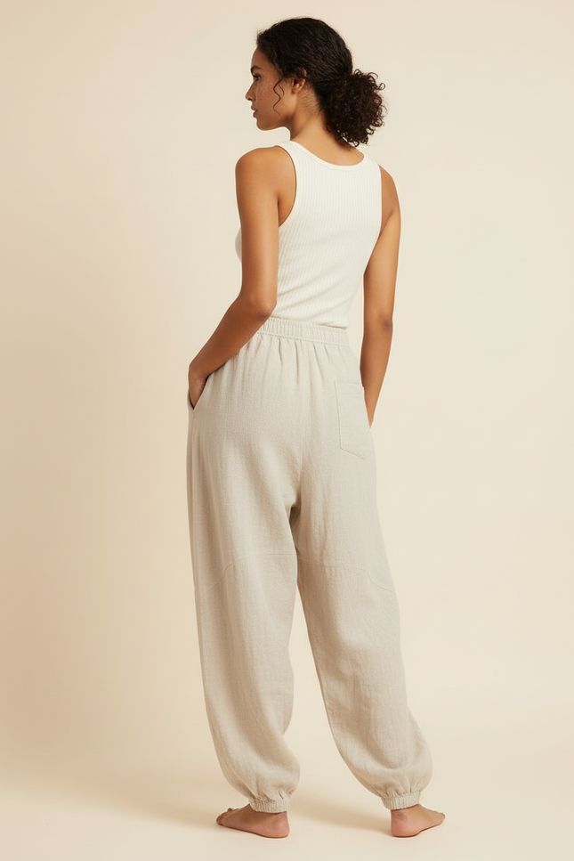 Pantalon Beige Lin Ample Décontracté Yoga Femme - vue 2