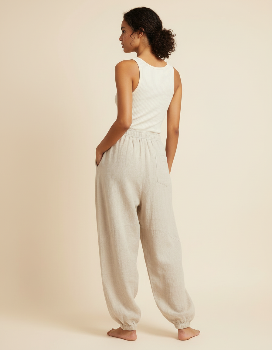 Pantalon Beige Lin Ample Décontracté Yoga Femme - vue 2