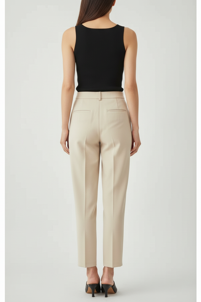 Pantalon Beige Élégant Plissé Taille Haute Femme - Gabardine - vue 2