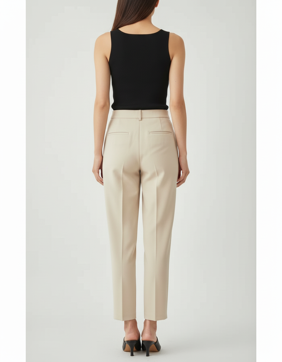 Pantalon Beige Élégant Plissé Taille Haute Femme - Gabardine - vue 2