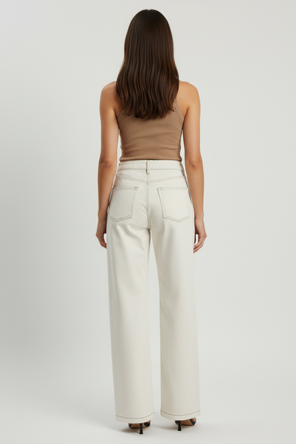 Pantalon Beige Écru Large Coton Droit Élégant Femme - Jean - vue 2