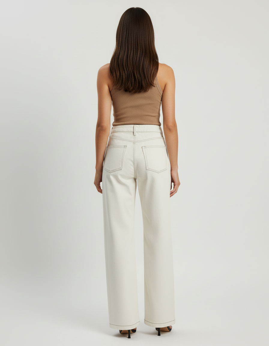 Pantalon Beige Écru Large Coton Droit Élégant Femme - Jean - vue 2