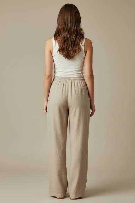 Pantalon Beige Lin Ample Taille Élastique Femme - vue 2