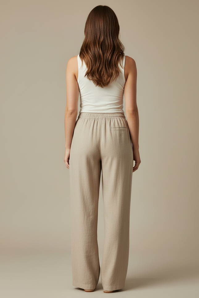 Pantalon Beige Lin Ample Taille Élastique Femme - vue 2
