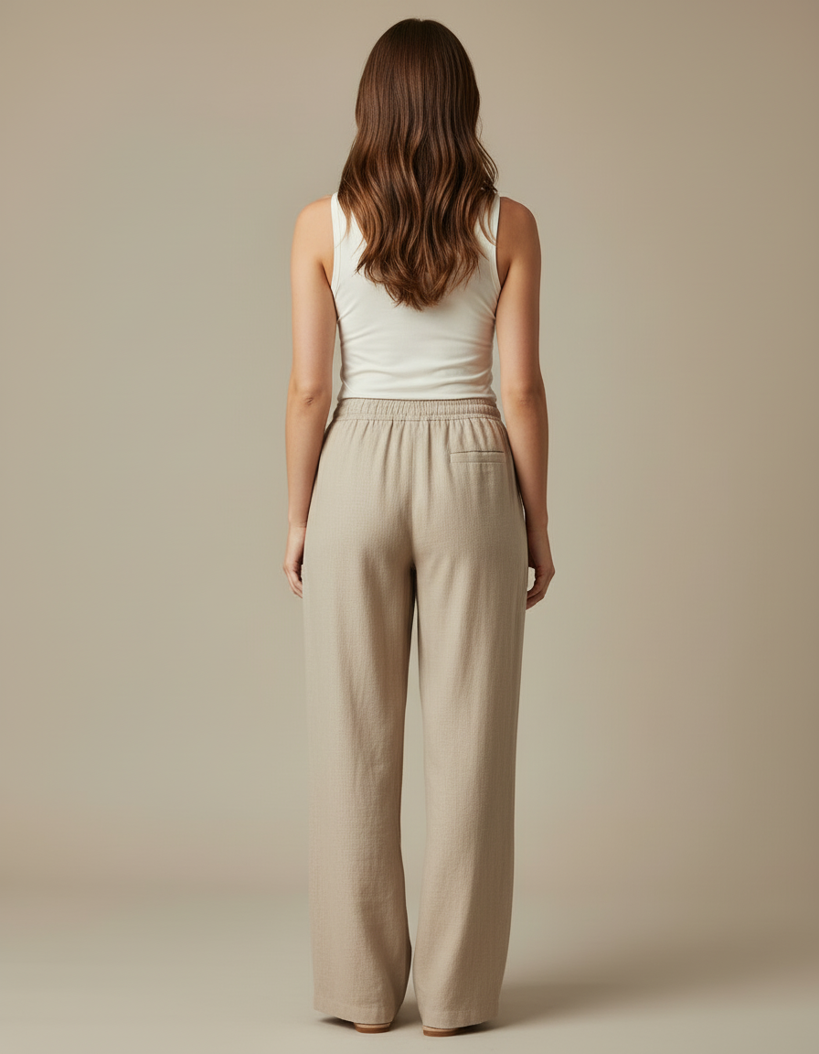 Pantalon Beige Lin Ample Taille Élastique Femme - vue 2