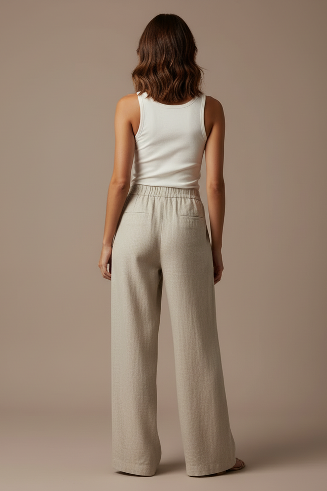 Pantalon Beige Large Fluide Lin Confortable Femme - vue 2