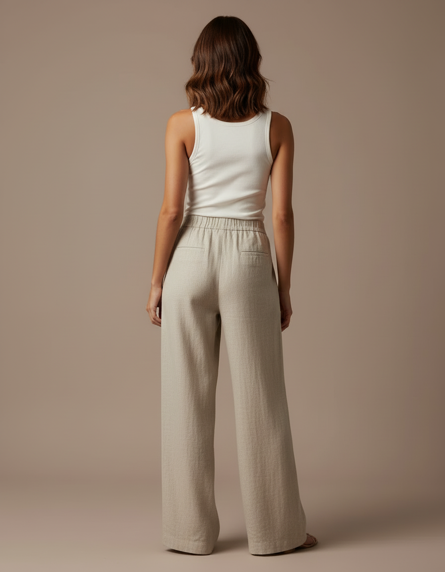 Pantalon Beige Large Fluide Lin Confortable Femme - vue 2
