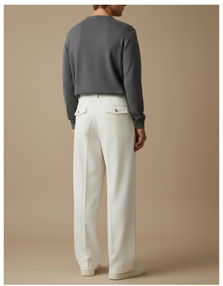 Pantalon Beige Ample Plissé Décontracté Homme Élégant - Blanc Gabardine - vue 2