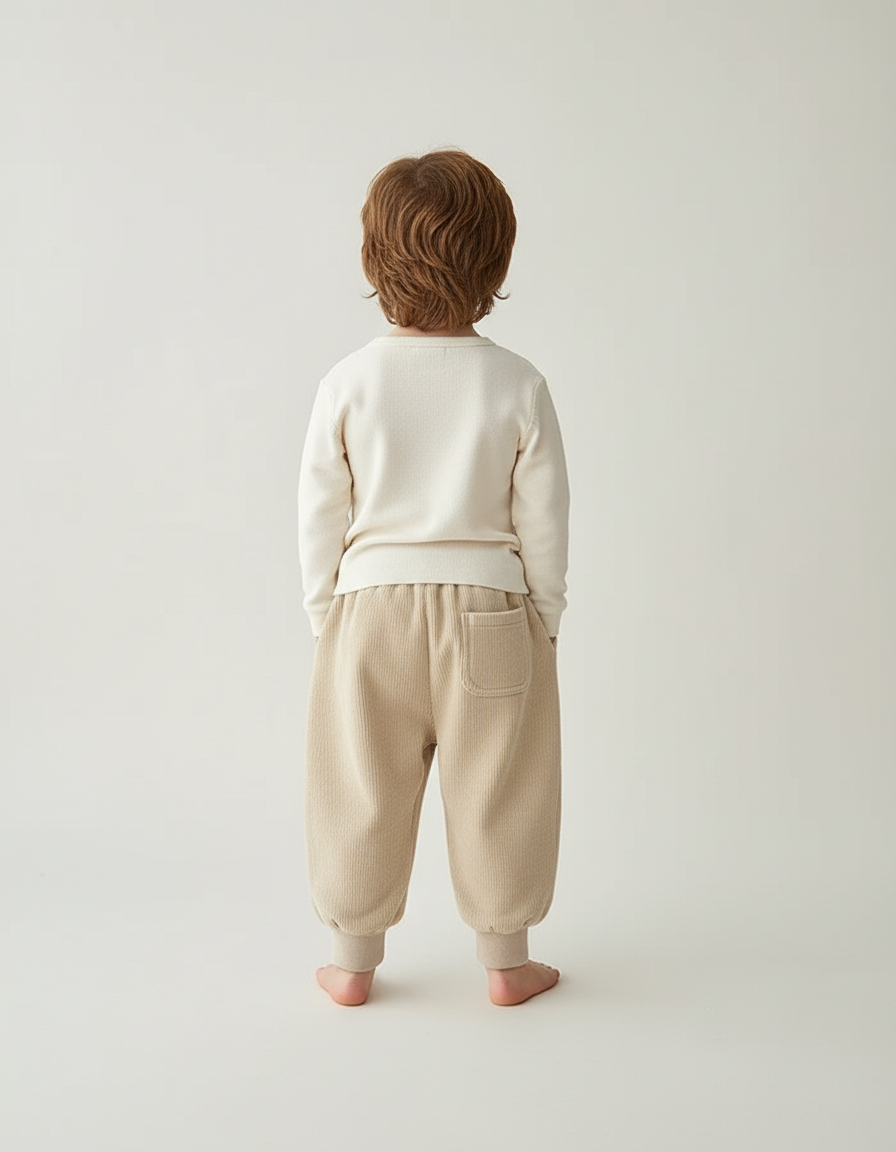 Pantalon Beige Côtelé Ample Doux Élastique Garçon - Cordé - vue 2
