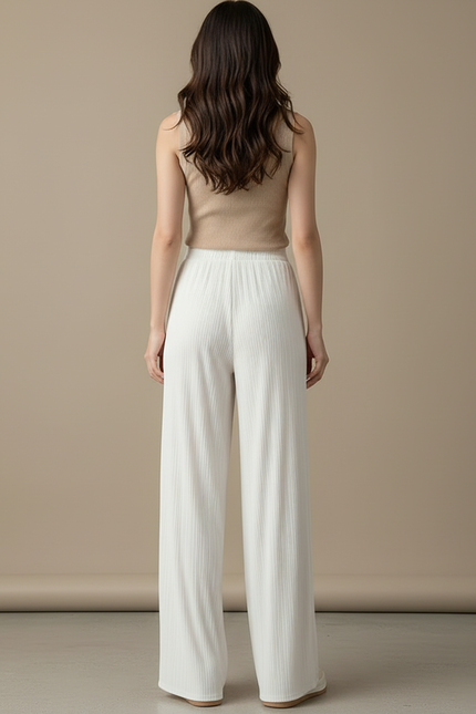 Pantalon Beige Plissé Fluide Ample Décontracté Femme - Blanc Maille - vue 2