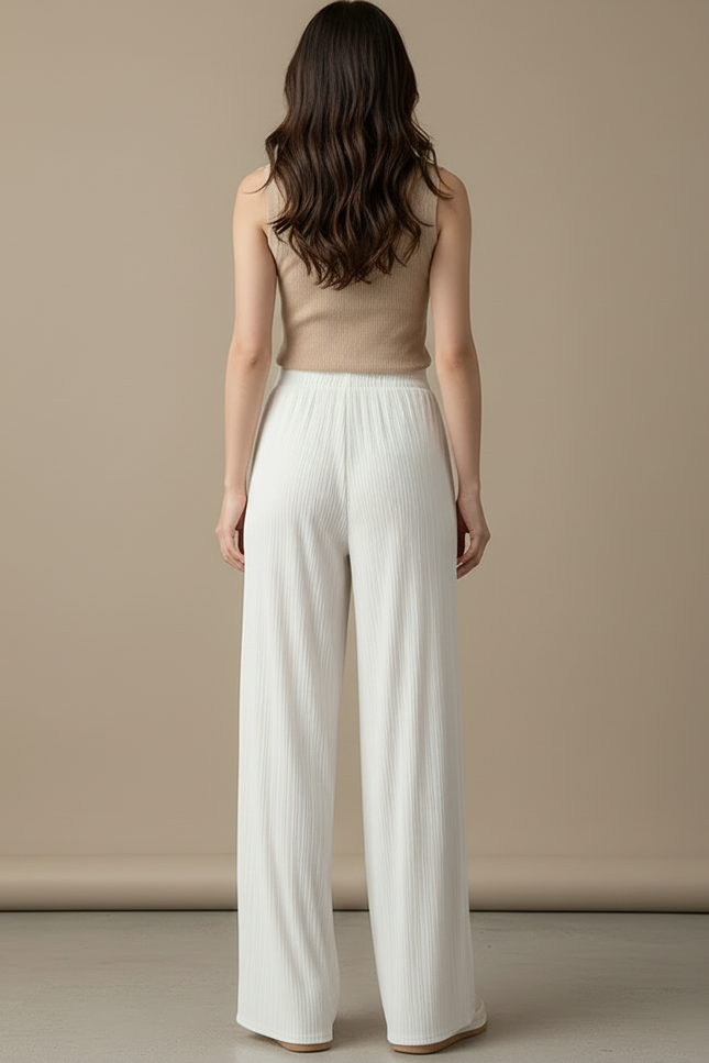 Pantalon Beige Plissé Fluide Ample Décontracté Femme - Blanc Maille - vue 2
