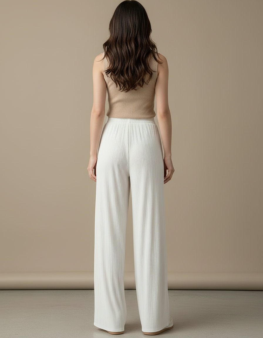 Pantalon Beige Plissé Fluide Ample Décontracté Femme - Blanc Maille - vue 2