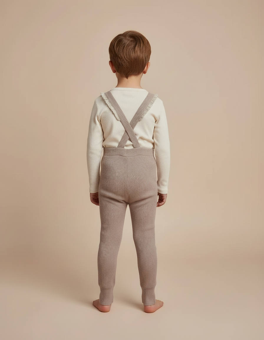 Pantalon Beige Salopette Tricotée Côtelée Enfant Mignonne - Maille - vue 2