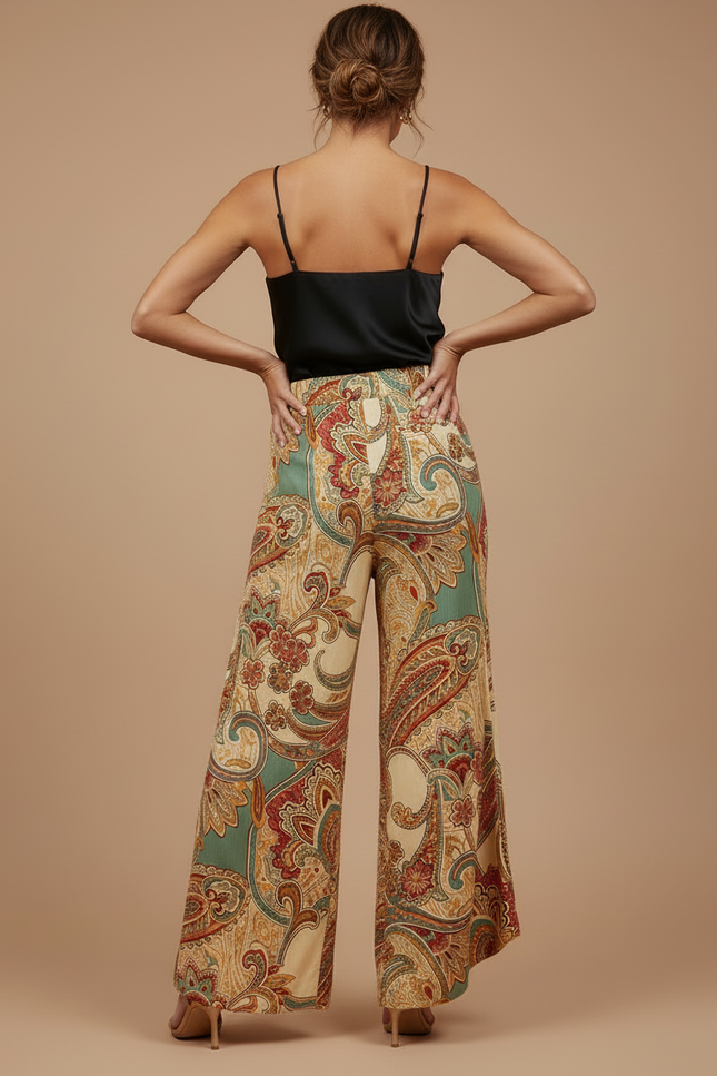 Pantalon Beige Fluide Ample Imprimé Paisley Élégant Femme - Viscose - vue 2