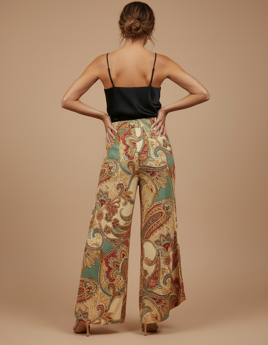 Pantalon Beige Fluide Ample Imprimé Paisley Élégant Femme - Viscose - vue 2