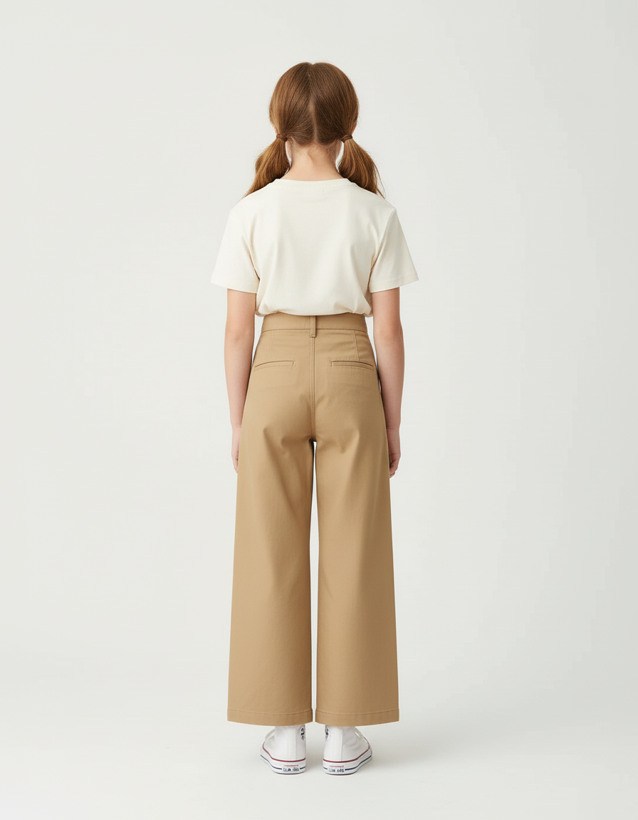 Pantalon Beige Ample Coton Taille Haute Fille - vue 2