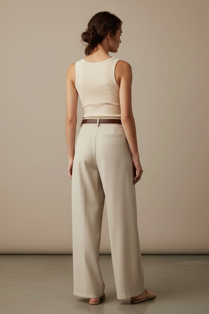 Pantalon Fluide Taille Haute Beige - Polyester - vue 2
