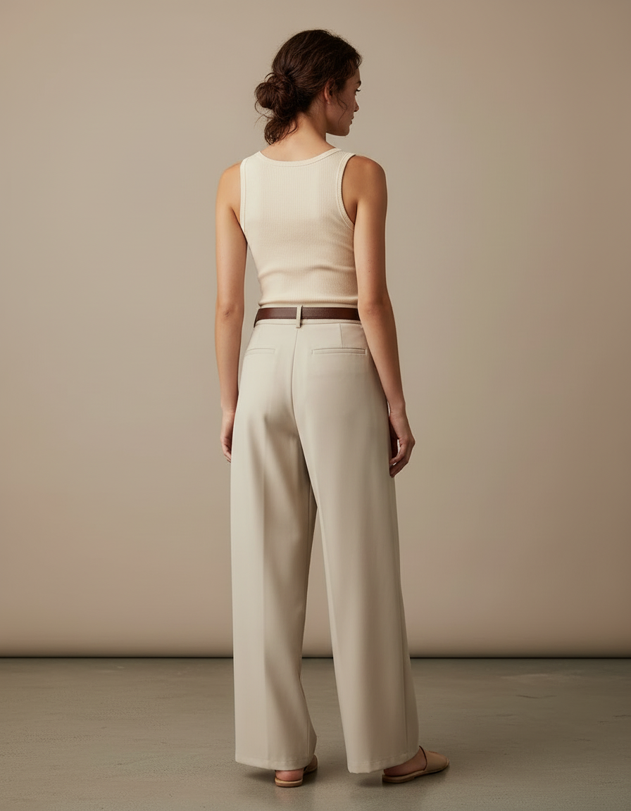 Pantalon Fluide Taille Haute Beige - Polyester - vue 2