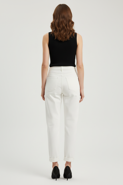 Pantalon Beige Jean Taille Haute Décontracté Femme - Blanc - vue 2