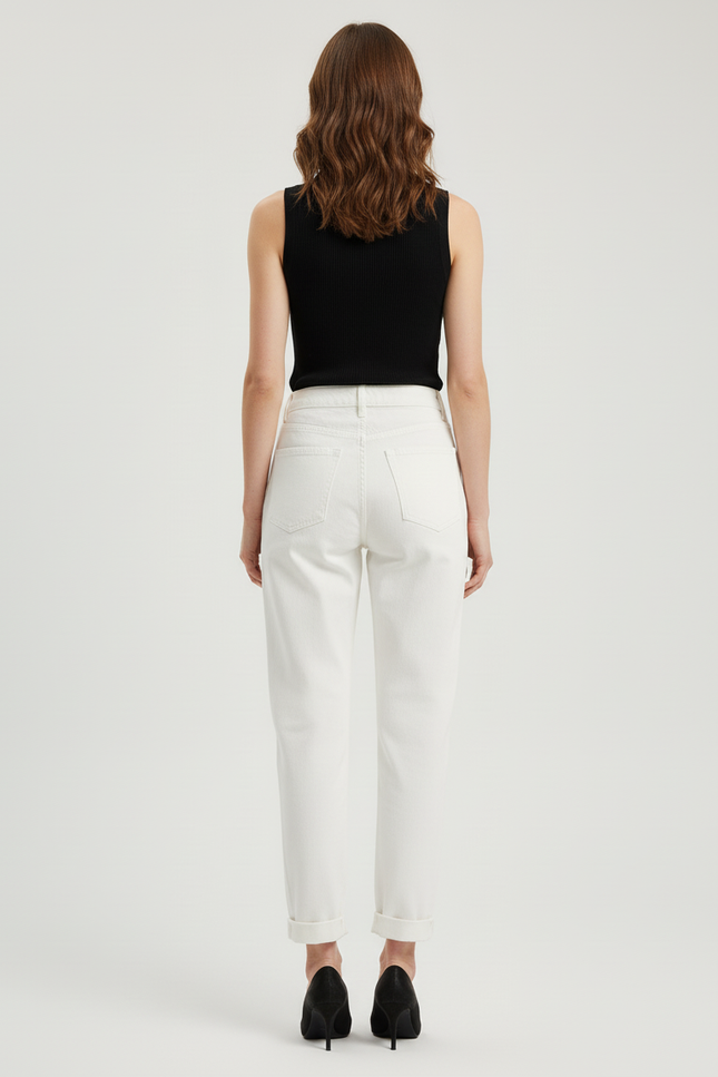 Pantalon Beige Jean Taille Haute Décontracté Femme - Blanc - vue 2