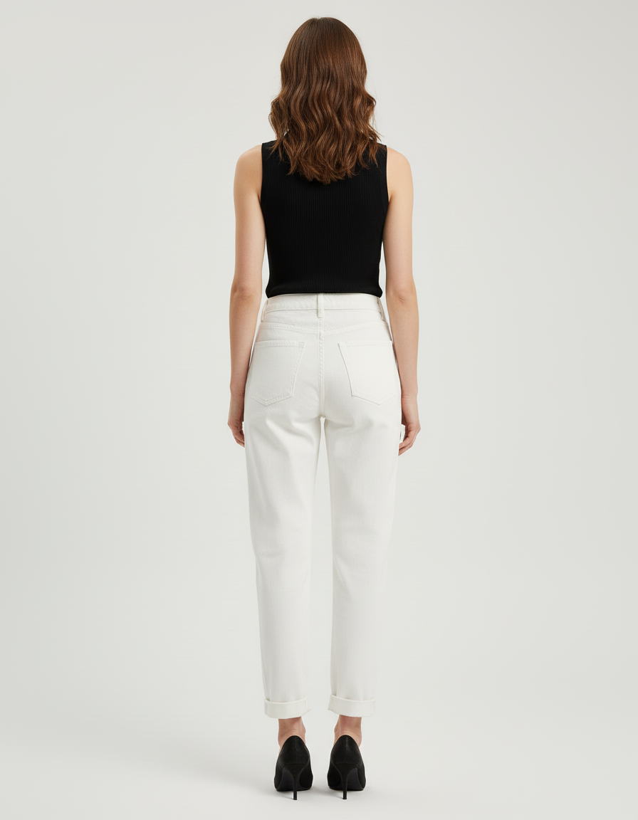 Pantalon Beige Jean Taille Haute Décontracté Femme - Blanc - vue 2